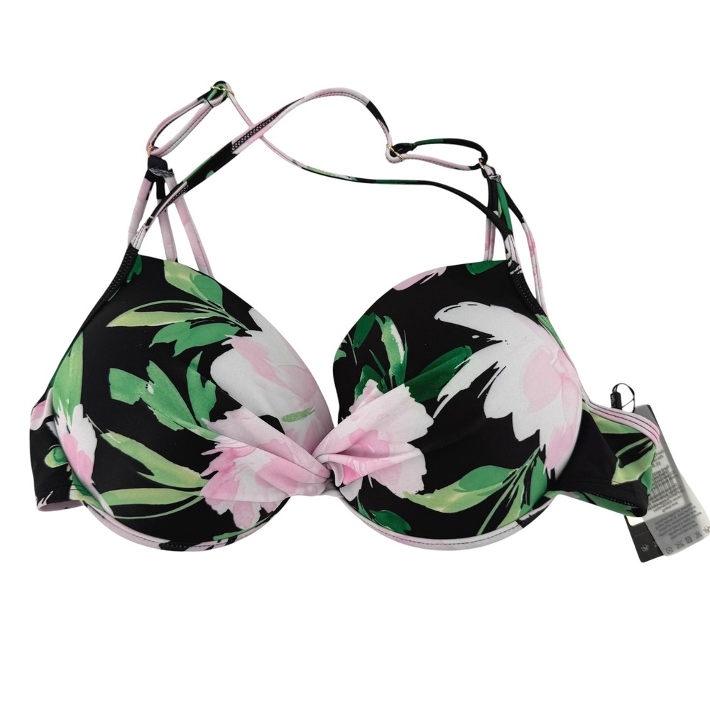 Relleciga Lg Floral Bikini Top Black Pink Green Strappy Back Push Up Padded NEW